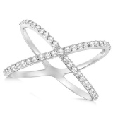 X Shaped Ring with Diamonds, Abstractw Design 14k White Gold 0.50ctw