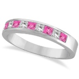 Princess Channel-Set Diamond and Pink Sapphire Ring Band 14k White Gold