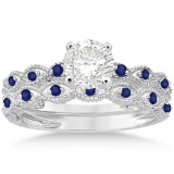 Antique style Blue Sapphire Engagement Ring Set 14k White Gold 1.36ctw