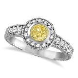 Yellow Canary and White Diamond Antique style Style Ring 14K W Gold 1.80ctw