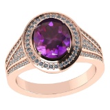 Certified 2.10 CTW Genuine Amethyst And Diamond 14K Rose Gold Ring
