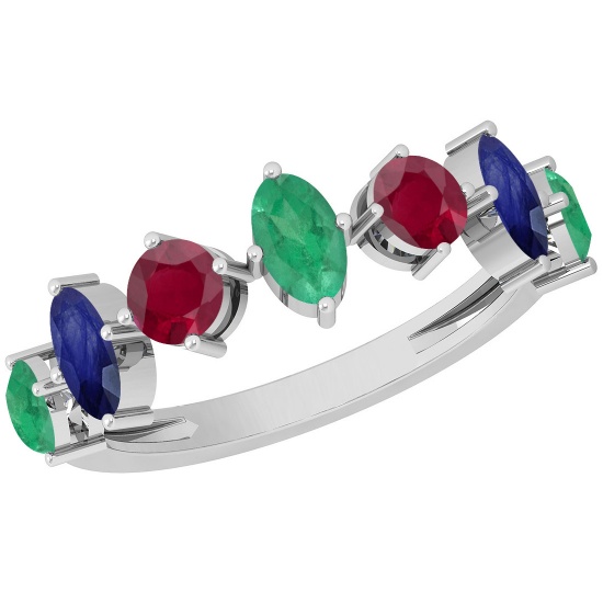 Certified 1.45 Ctw Emerald,Ruby,Blue Sapphire 14K White Gold Ring