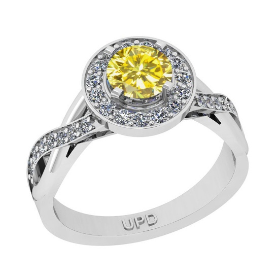 1.06 Ctw I2/I3 reated Fancy Yellow And White Diamond 10K White Gold Engagement Halo Ring