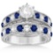 Antique style Diamond and Sapphire Bridal Ring Set in Platinum 2.87ctw