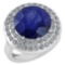 Certified 7.30 Ctw Blue Sapphire And Diamond Ladies Fashion Halo Ring 14K White Gold (VS/SI1) MADE I