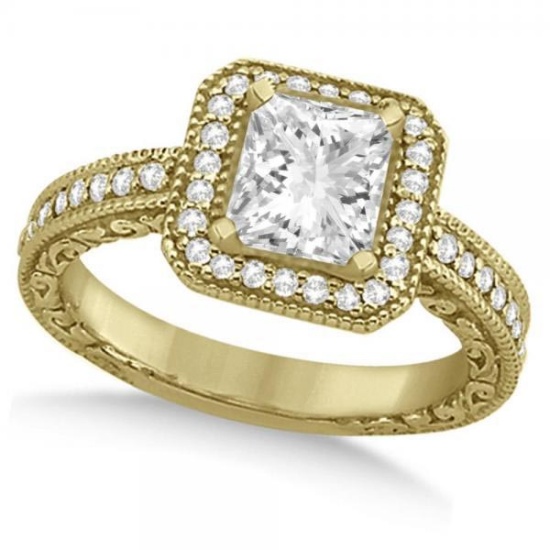 Milgrain Halo Princess Diamond Engagement Ring 14k Yellow Gold 2.00ctw