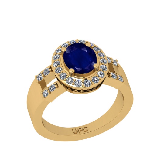 1.81 Ctw I2/I3 Blue Sapphire And Diamond 14K Yellow Gold Anniversary Halo Ring