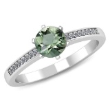 Certified 1.00 CTW Genuine Green Amethyst And Diamond 14K White Gold Ring