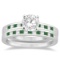 Princess Cut Diamond and Emerald Bridal Ring Set 14k White Gold 1.54ctw