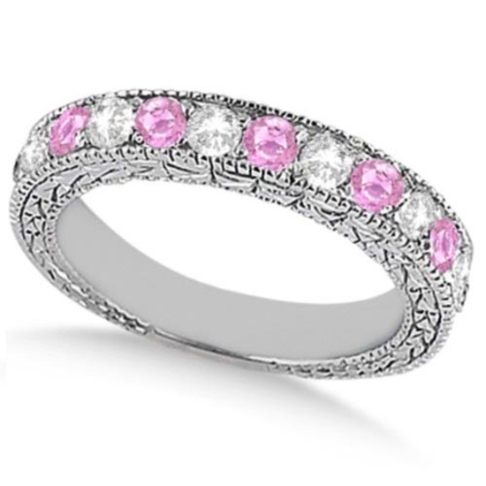 Antique style Pink Sapphire and Diamond Wedding Ring 14kt White Gold 1.05ctw