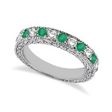 Antique style Diamond and Emerald Wedding Ring 14kt White Gold 1.03ctw