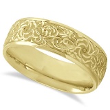 Hand-Engraved Flower Wedding Ring Wide Band 18k Yellow Gold 7mm