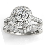 Flower Halo Diamond Ring and Band Bridal Set 14k White Gold 1.21ctw