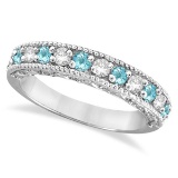 Diamond and Aquamarine Band Filigree Design Ring 14k White Gold 1.00 ctw