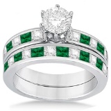 Channel Emerald and Diamond Bridal Set 18k White Gold 2.10ctw