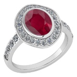 Certified 2.55 Ctw Ruby And Diamond Ladies Fashion Halo Ring 14K White Gold (VS/SI1) MADE IN USA