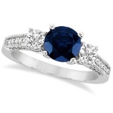 Vintage Style Milgrain Diamond and Blue Sapphire Ring 14k White Gold 2.32ctw