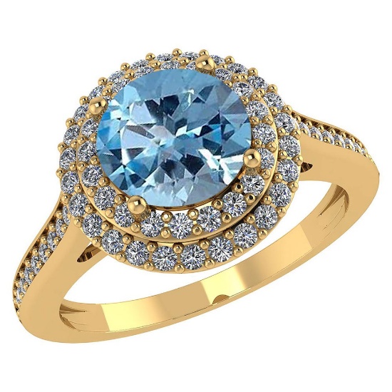 Certified 3.12 CTW Genuine Aquamarine And Diamond 14K Yellow Gold Ring