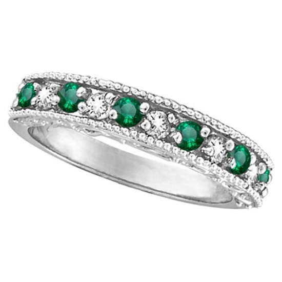 Designer Diamond and Emerald Ring Band in 14k White Gold 0.59 ctw