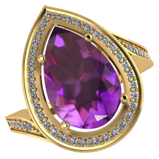 Certified 2.71CTW Genuine Amethyst And Diamond 14K Yellow Gold Ring