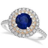 Double Halo Round Blue Sapphire Engagement Ring 14k Two-Tone Gold 2.42ctw