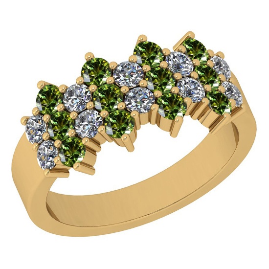 Certified 1.51 Ctw I2/I3 Green Sapphire And Diamond 10K Yellow Gold Band Ring