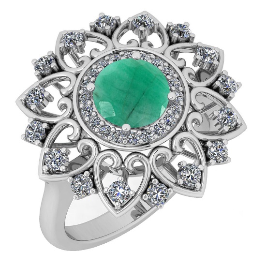 1.89 Ctw I2/I3 Emerald And Diamond 14K White Gold Antique Style Wedding Ring