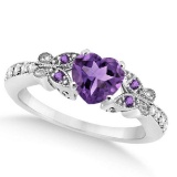 Butterfly Amethyst and Diamond Heart Engagement Ring 14K W Gold 3.28ctw