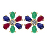 Certified 4.33 Ctw Emerald, Ruby, Sapphire And Diamond I1/I2 14K Yellow Gold Stud Earrings
