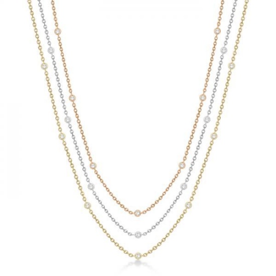 Three-Strand Diamond Station Necklace in 14k Three-Tone Gold (4.50ct)