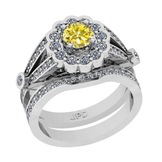 1.17 Ctw I2/I3 TTreated Fancy Yellow And White Diamond 10K White Gold Wedding Set Ring