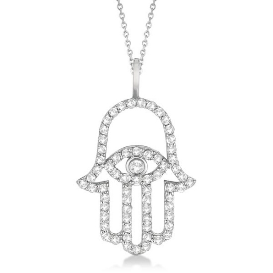 Diamond Hamsa Evil Eye Pendant Necklace 14k White Gold 0.51ctw