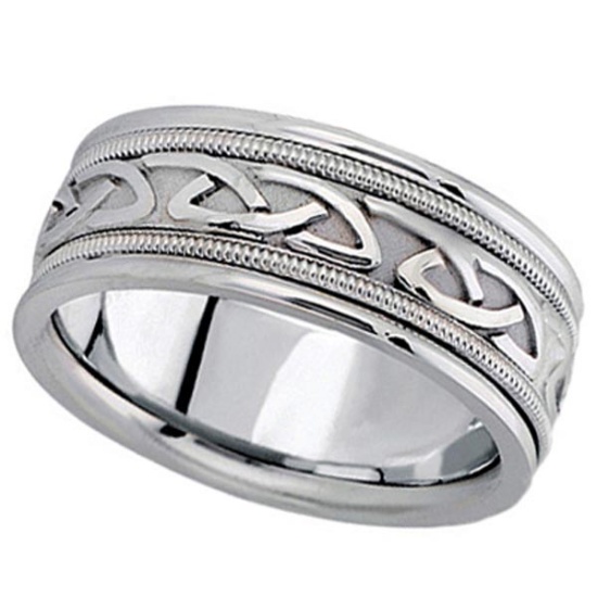 Hand Made Celtic Wedding Band in 14k White Gold 8mm