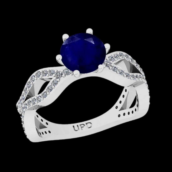 1.74 Ctw VS/SI1 Blue Sapphire And Diamond Prong Set 14K White Gold Vintage Style Ring