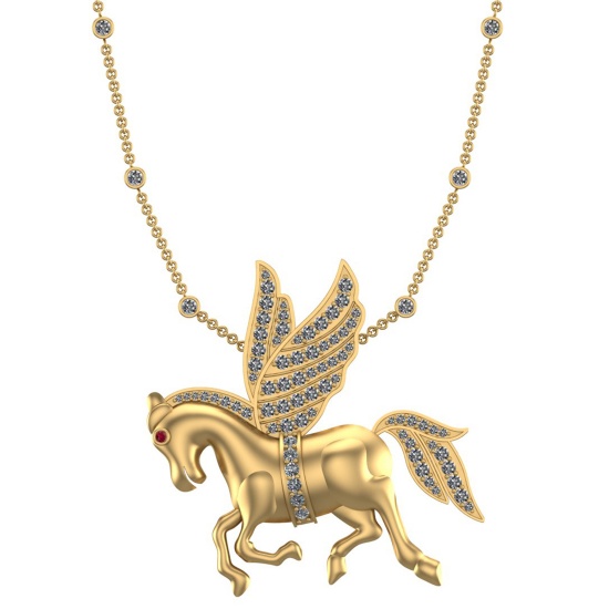 2.72 Ctw SI2/I1 Ruby and Diamond 14K Yellow Gold Unicorn Pendant Necklace