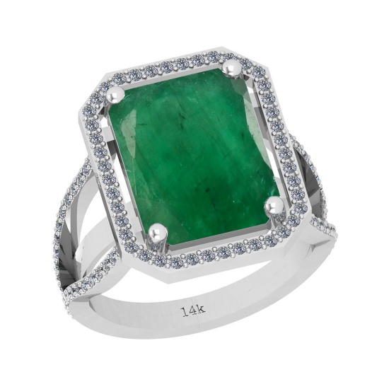 12.71 Ctw VS/SI1 Emerald And Diamond 18K White Gold Vintage Style Ring