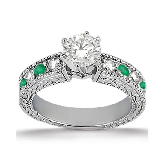 Antique style Diamond and Emerald Engagement Ring 14k White Gold 1.80ctw
