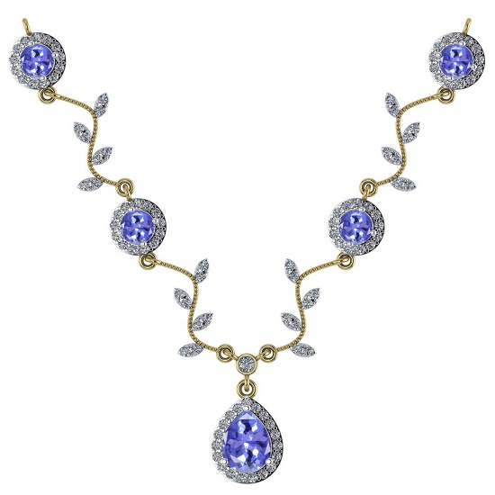 Certified 12.79 Ctw SI2/I1 Tanzanite And Diamond 14K Yellow Necklace
