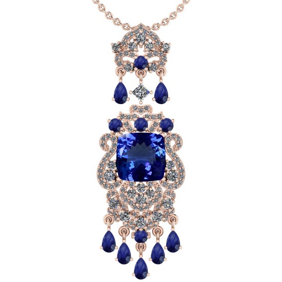 Certified 11.78 Ctw VS/SI1 Tanzanite,Blue Sapphire And Diamond 14K Rose Gold Vintage Style Necklace