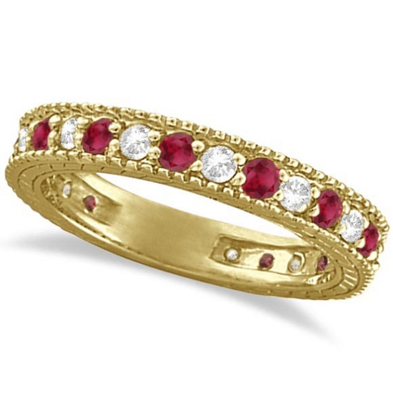 Diamond and Ruby Anniversary Ring Band 14k Yellow Gold 1.08ctw