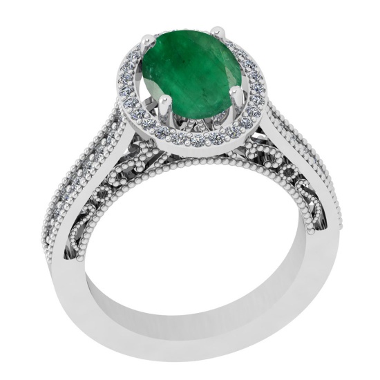 3.40 Ctw VS/SI1 Emerald And Diamond 18K White Gold Vintage Style Ring