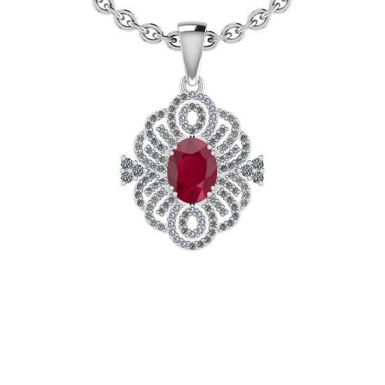 Certified 1.89 Ctw SI2/I1 Ruby And Diamond 14K White Gold Vintage Style Necklace
