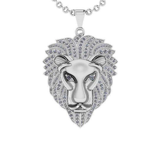 1.65 Ctw SI2/I1 Diamond 14K White Gold Lion Pendant Necklace
