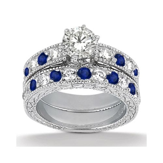 Antique style Diamond and Blue Sapphire Bridal Set platinum 1.80ctw
