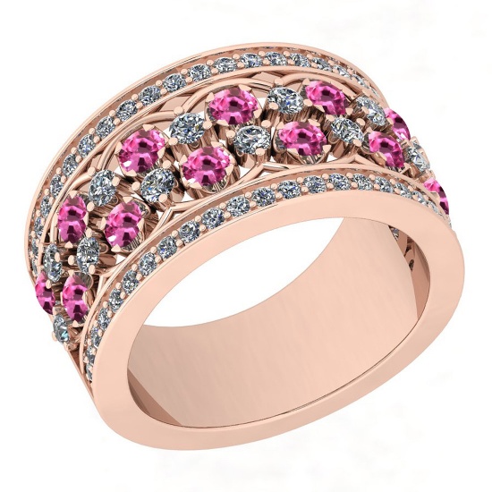 Certified 1.76 Ctw I2/I3 Pink Sapphire And Diamond 10K Rose Gold Band Ring