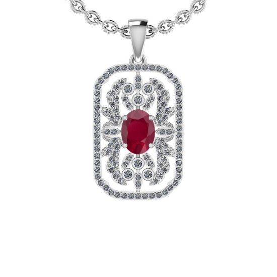 Certified 1.74 Ctw SI2/I1 Ruby And Diamond 14K White Gold Vintage Style Necklace