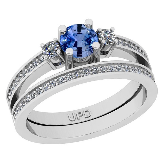 0.83 Ctw I2/I3 sapphire And Diamond 14K White Gold Wedding Set Ring