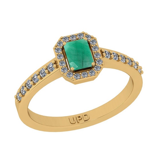 0.77 Ctw SI2/I1 Emerald And Diamond 14K Yellow Gold Engagement Ring