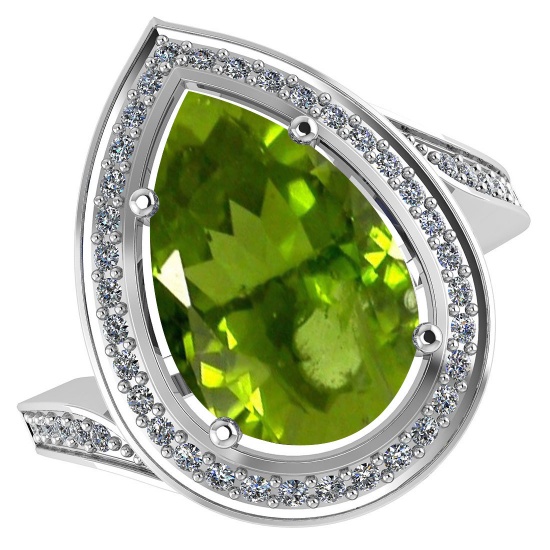 Certified 2.71 CTW Genuine Peridot And Diamond 14KW Gold Ring