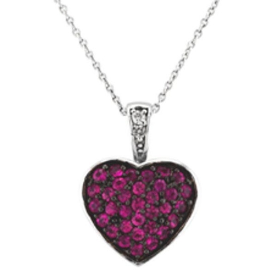 Diamond and Pink Sapphire Puffed Heart Pendant in 14k White Gold
